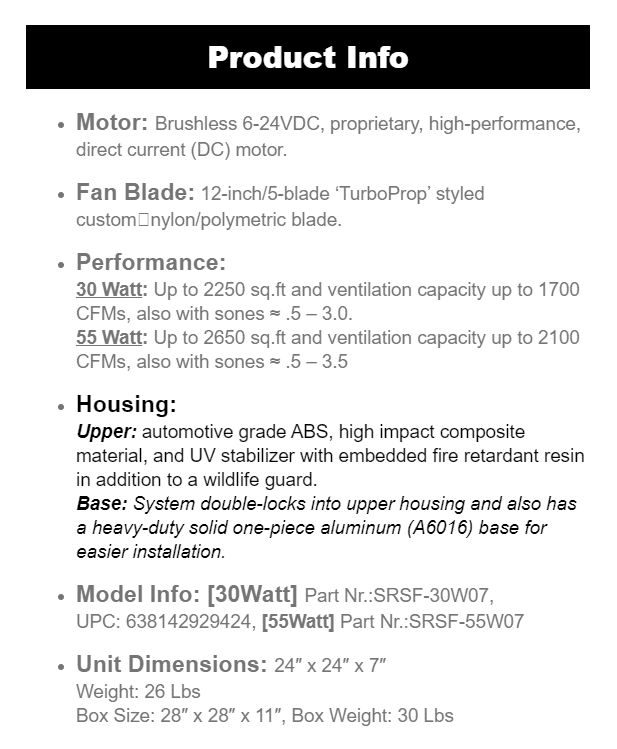 SR1800 Solar Attic Fan Product Specs